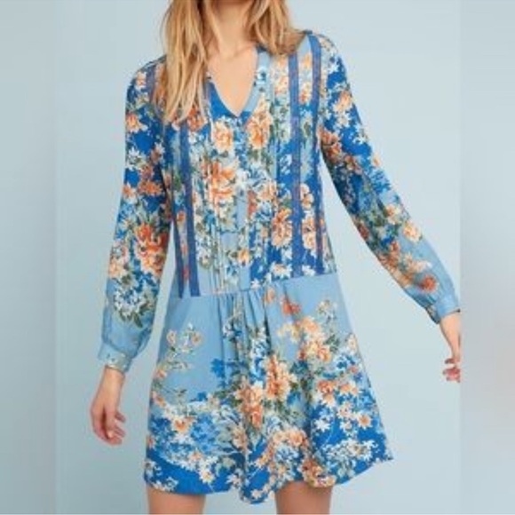 Anthropologie Dresses & Skirts - [Anthropologie Tiny] Gaina Blue Multicolor Floral
Drop Waist Long Sleeve Dress S